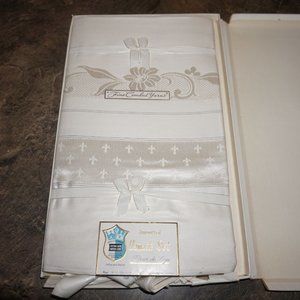 Vintage Damask Tablecloth Napkin Fleur De Lys Cotton Rayon 54" x 72" Rectangle